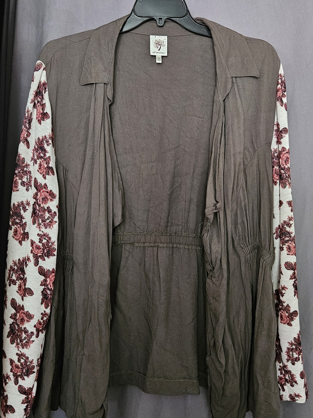 Self Esteem Taupe Open-Front Dress Jacket with Rose Floral Sleeves